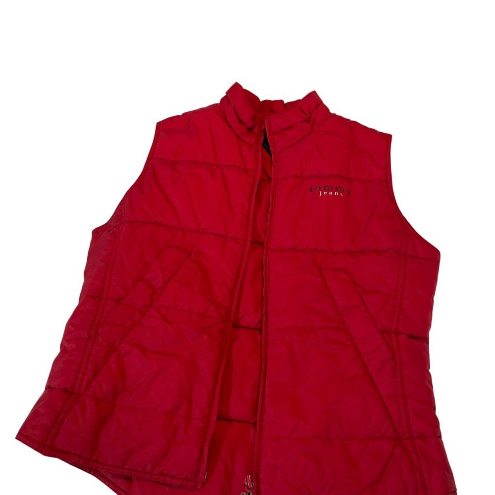 Tommy Jeans Red Puffer Vest M Nylon Womens Sleeveless Outerwear Vintage